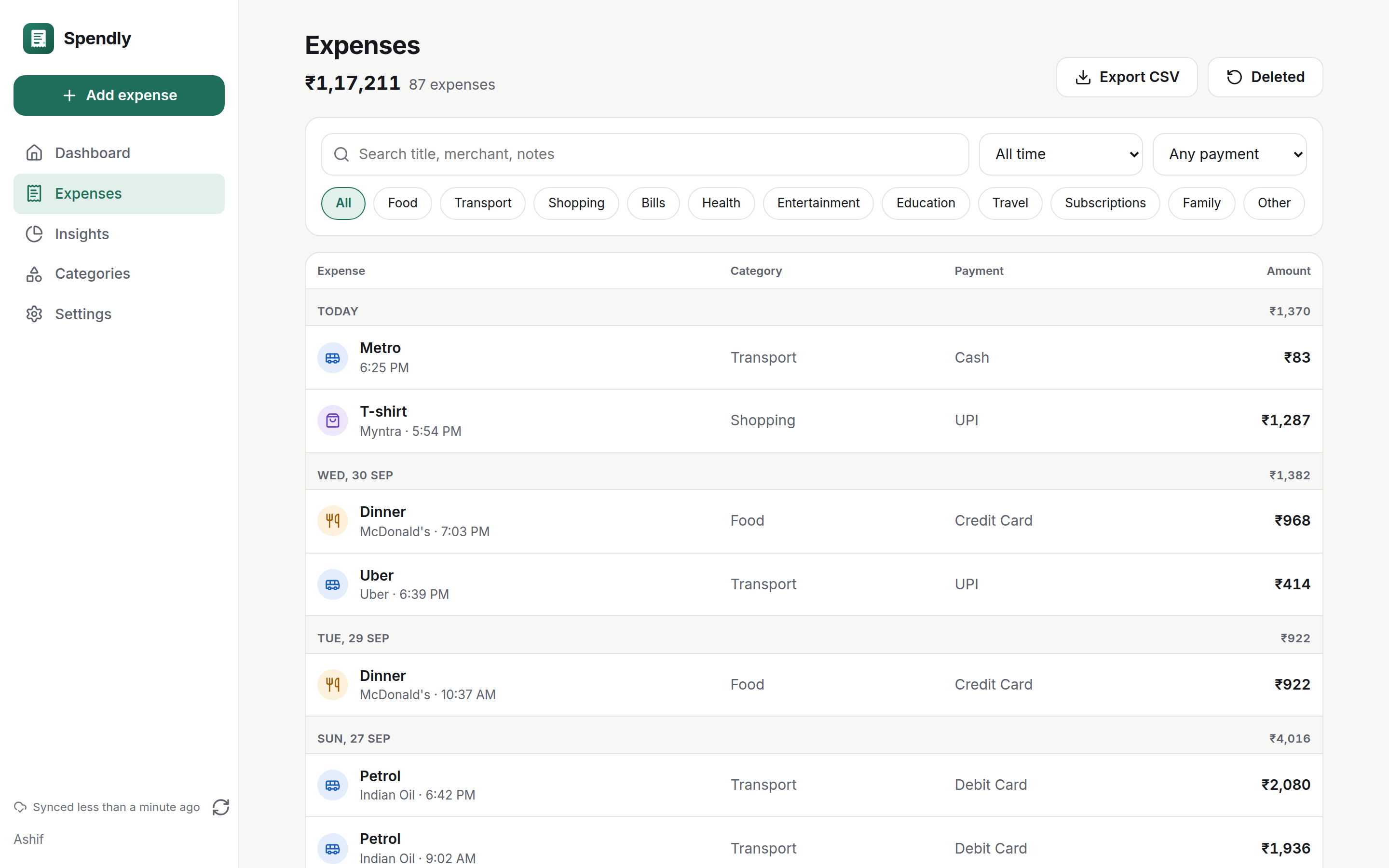 Web expense list grouped by day with daily totals