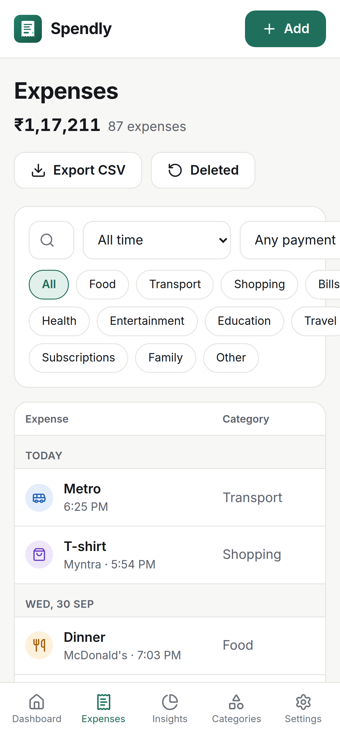 Spendly expense list on a phone, grouped by day with daily totals